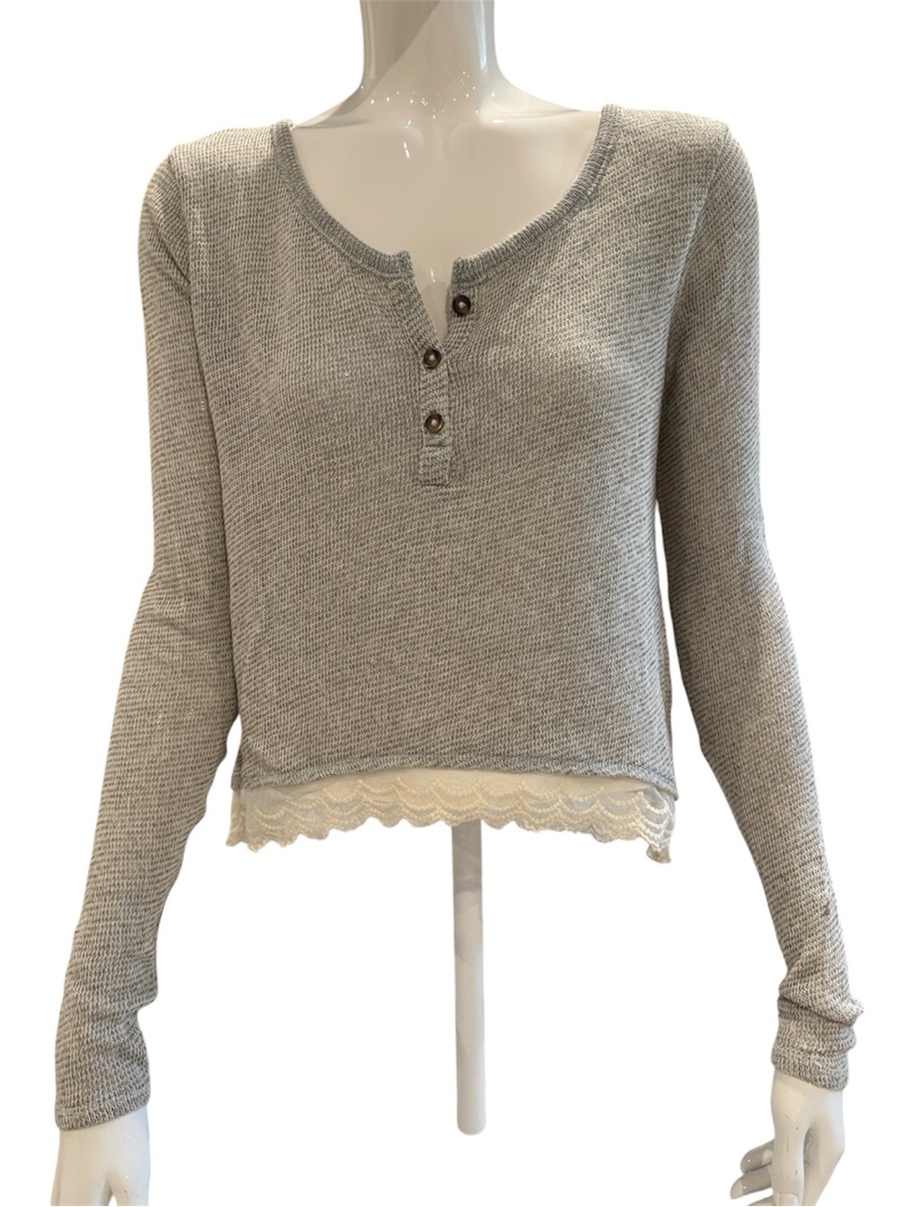 NWT Hollister Gray Cropped Henley Top with Cream Lace Trim
